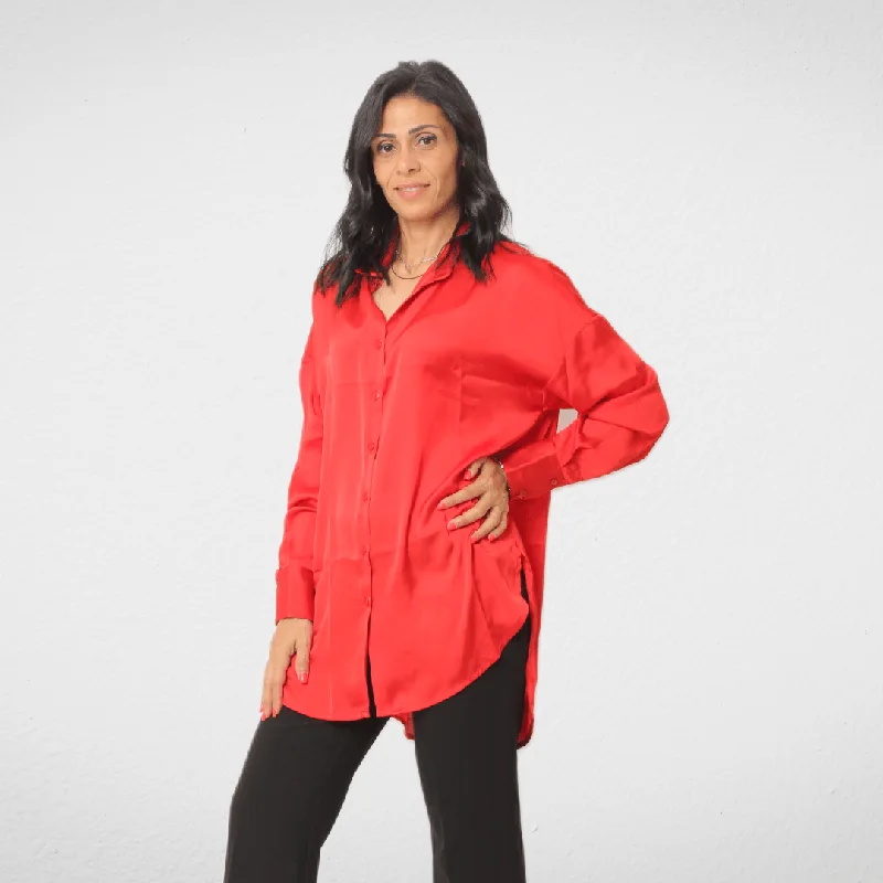 Shirt Satin - Women - Red V-Neck T-Shirt Long Sleeve Cotton