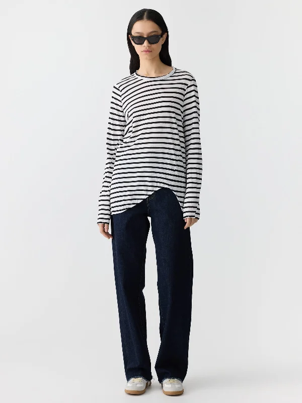 stripe scoop hem long sleeve t.shirt Mesh Blend Leather Blend Suede Blend