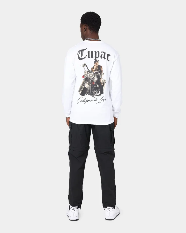 Tupac Cali Love Motorbike Long Sleeved  T-Shirt White Notch Collar Peter Pan Collar Cowl Neck