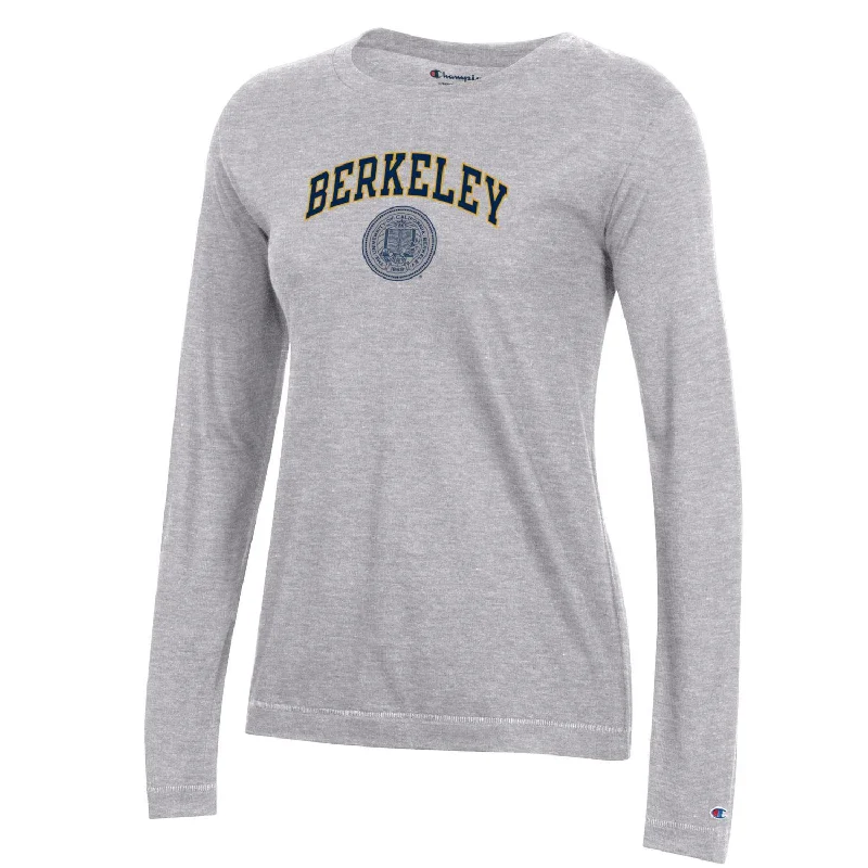 U.C. Berkeley arch & seal Champion women's long sleeve T-shirt-Grey Notch Collar Peter Pan Collar Cowl Neck