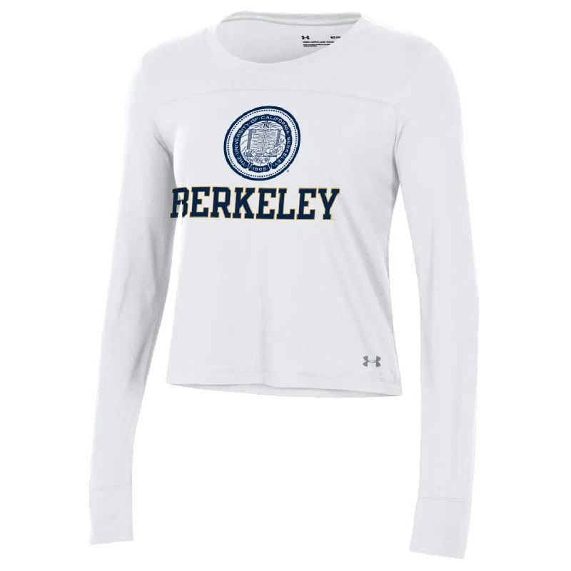 U.C. Berkeley arch & seal Under Armour women's performance cotton long sleeve T-Shirt-White Houndstooth Herringbone Solid