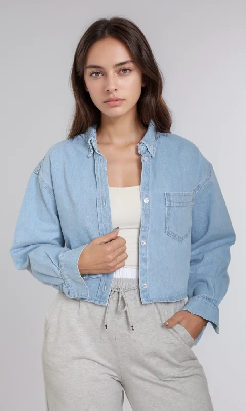 Women Cropped Jean Shirt (Blue) Zippered Front Buttoned Front Snap Front