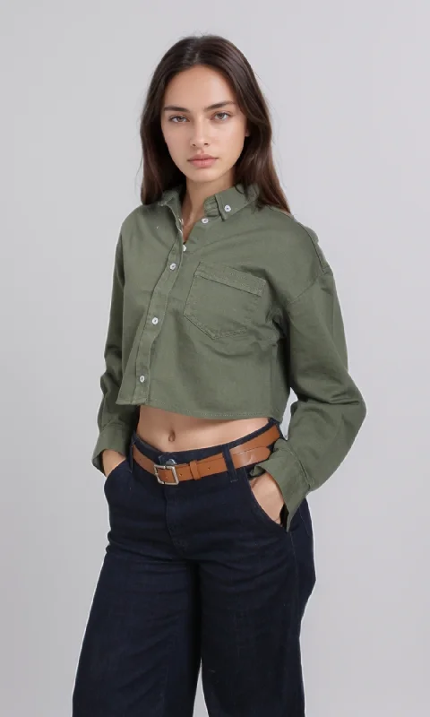 Women Cropped Jean Shirt (Oil Green) Sequined Glittery Shiny