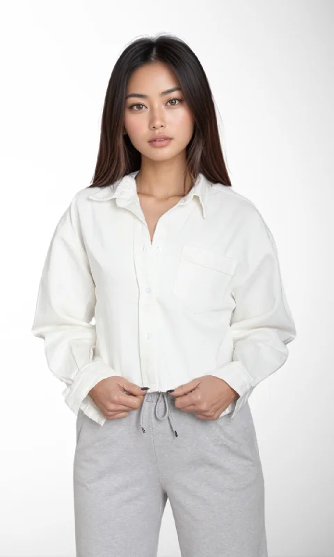 Women Cropped Jean Shirt (White) Mesh Blend Leather Blend Suede Blend