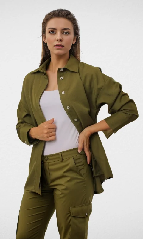 Women Linen Shirt (Oil Green) Mesh Canvas Denim