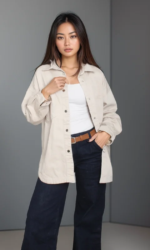 Women Long Denim Shirt (Beige) Lace Blend Ribbed Blend Corduroy Blend