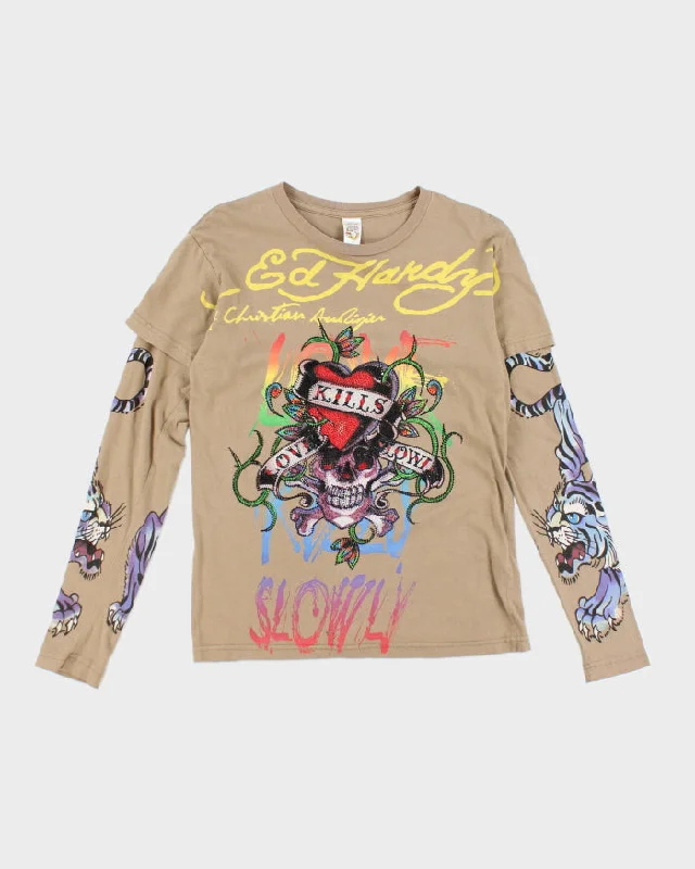 Y2k 00s Ed Hardy Rhinestone Graphic Long Sleeve T-shirt - S Modern Contemporary Chic