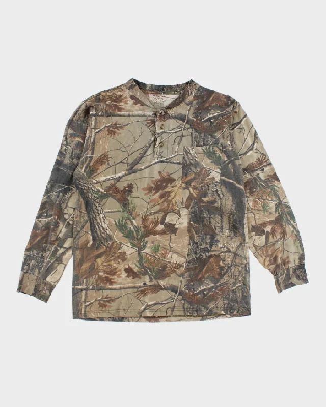 Y2k 00s Realtree Camouflage Quarter Button Long Sleeve T-shirt - M Basic T-Shirt Crew Neck Short Sleeve