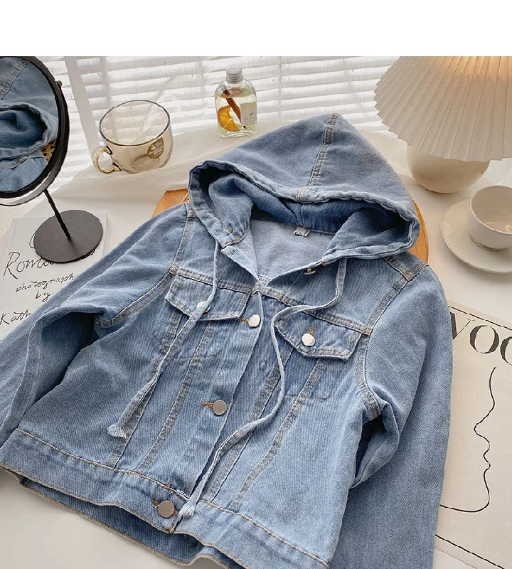 Denim Hooded Jacket Women's loose long sleeved top  6214 Elasticated Jacket Padded Jacket Insulated Jacket