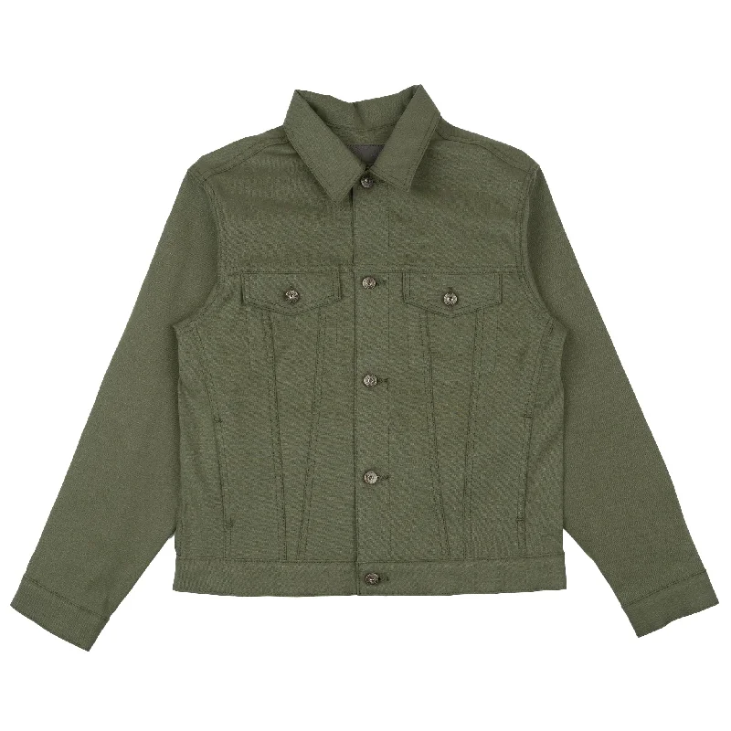 Denim Jacket  - Army Green Duck Selvedge Zippered Front Buttoned Front Snap Front