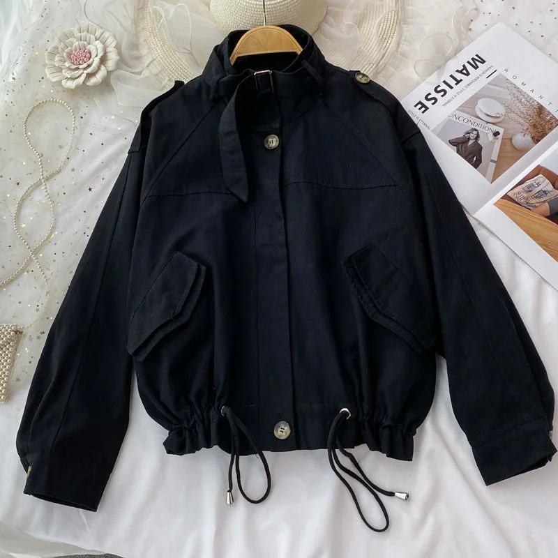 Drawstring long sleeve short coat women's Casual Jacket Top  1688 Bomber Jacket Anorak Windbreaker