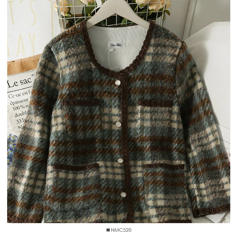 Hong Kong Style Vintage Plaid single breasted cardigan woolen jacket female  2124 Welt Pockets Slit Pockets Flap Pockets