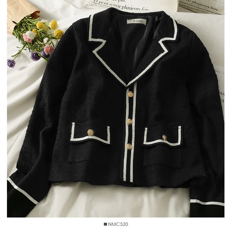 Korean color matching stripe suit collar single breasted cardigan jacket  2122 Striped Jacket Polka Dot Jacket Floral Jacket