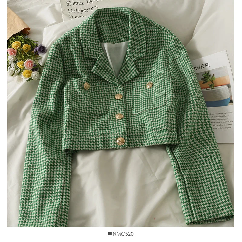 Korean retro thousand bird grid short single breasted jacket female  2099 Stand-Up Collar Roll-Neck Collar Turtle Neck