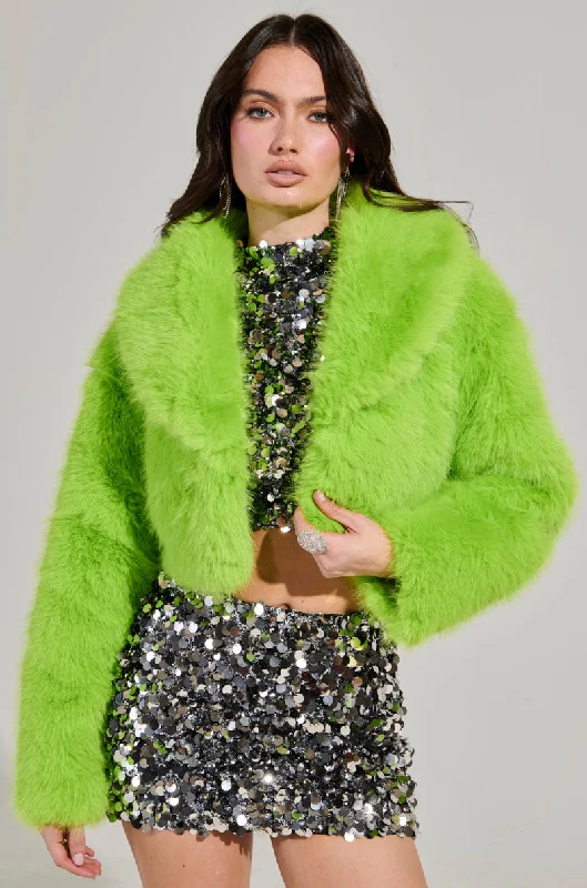 LIGHTS OUT CROPPED FAUX FUR JACKET IN LIME Striped Jacket Polka Dot Jacket Floral Jacket