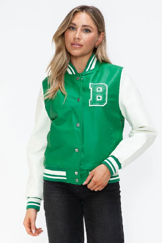 Love Me Now PU Leather Contrast Snap Down Bomber Jacket In Green Knit Fabric Woven Fabric Fleece Fabric