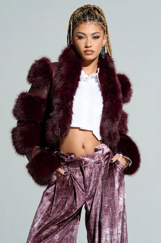 LOVERBOY FAUX FUR MOTO JACKET IN BURGUNDY Denim Jacket Leather Jacket Suede Jacket