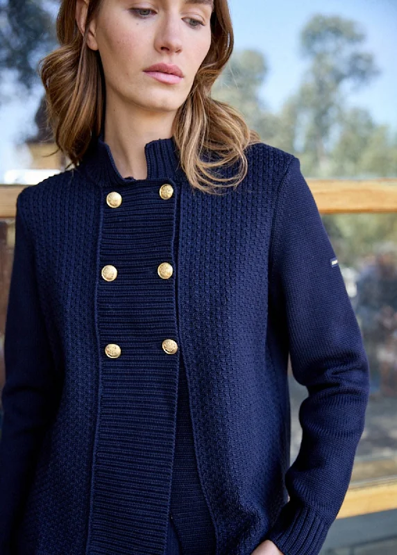 MERIBEL - Knit Jacket with Gold Buttons (NAVY) Collared Jacket Crew Neck Jacket Turtle Neck Jacket