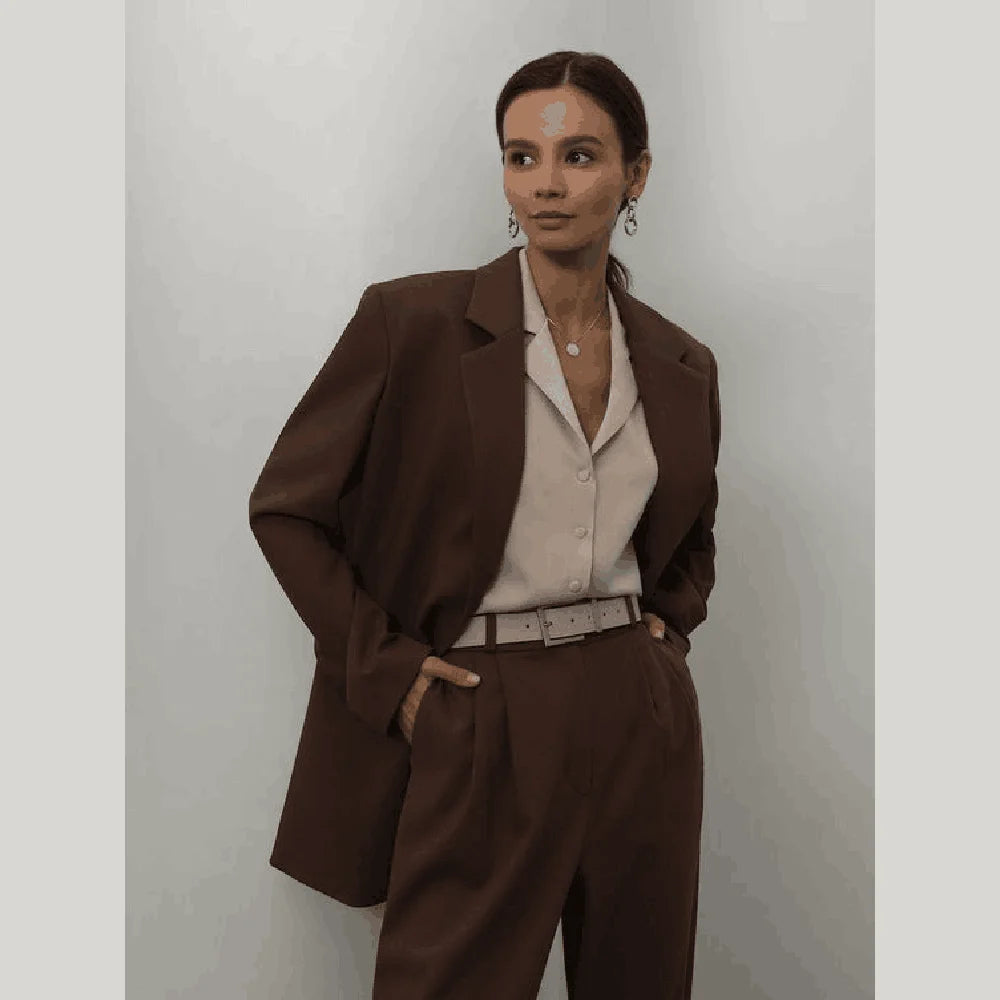 New High-end Brown Women Suit Two Pieces(Jacket+Pants) Lapel Outfits Chic Casual Party Prom Wedding Set Belted Jacket Elasticated Jacket Padded Jacket