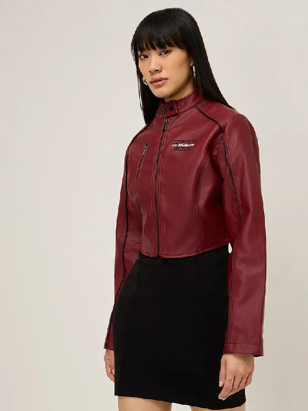 Nuon Burgundy Text Embossed Faux-Leather Jacket Cotton Jacket Linen Jacket Terry Jacket