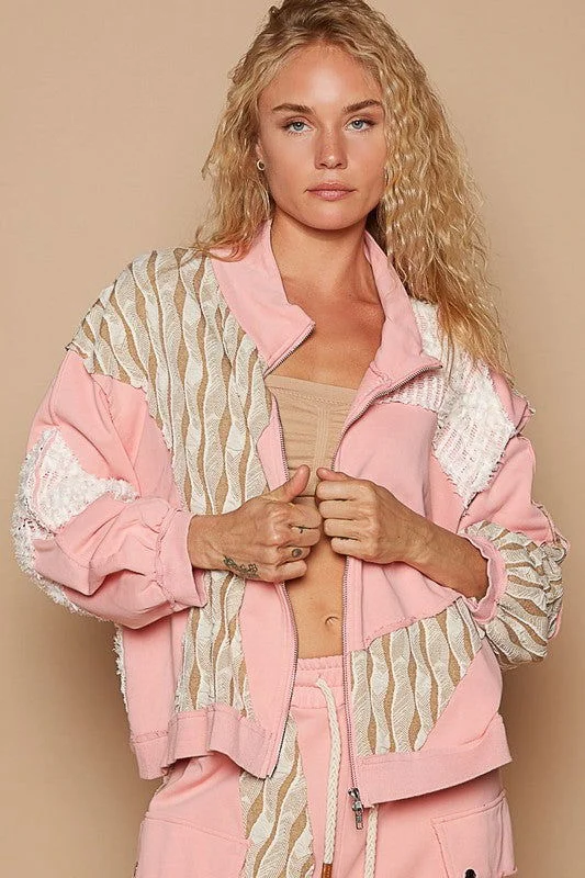 POL Applique Patchwork Zip Up Jacket In Pink Tailored Jacket Straight Jacket A-Line Jacket