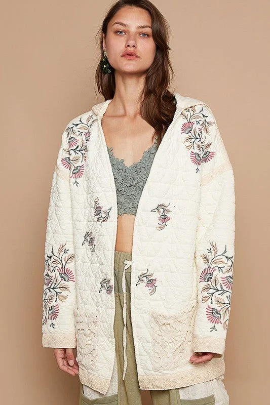 POL Embroidered Open Front Quilted Jacket with Crochet Pockets - Cream Fleece Jacket Down Jacket Parka