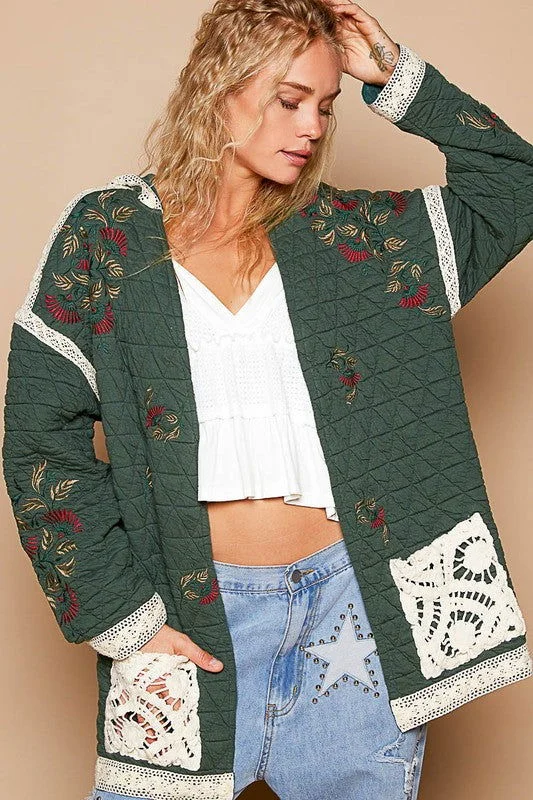 POL Embroidered Open Front Quilted Jacket with Crochet Pockets - Dark Green Jersey Jacket Tulle Jacket Batik Jacket