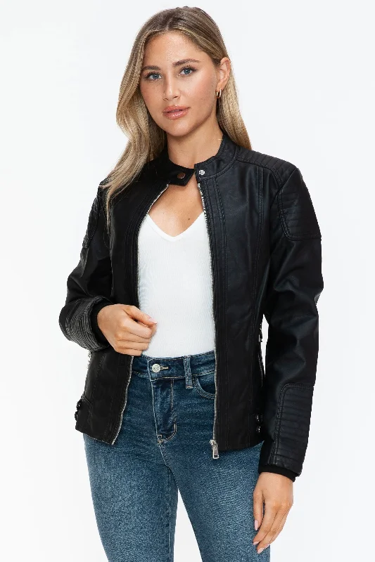 Snobbish Faux Leather Biker Jacket with Side Zip Pockets In Black Notch Collar Peter Pan Collar Cowl Neck