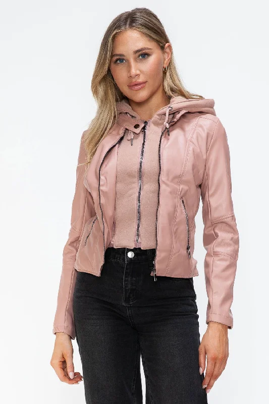 Snobbish Faux Leather Zip Up Drawstring Hooded Jacket In Mauve Tailored Jacket Straight Jacket A-Line Jacket