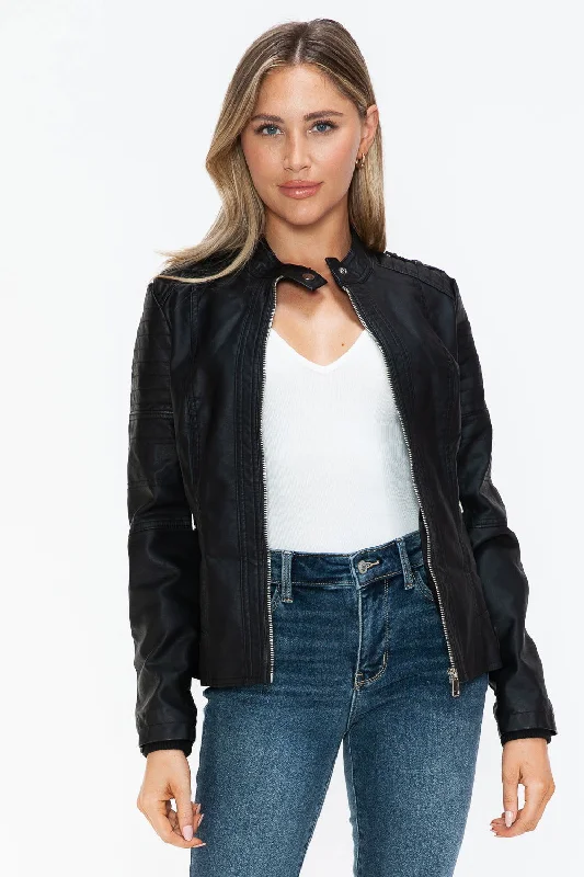 Snobbish PU Leather Biker Jacket with Side Zip Pockets In Black Nylon Jacket Polyester Jacket Spandex Jacket