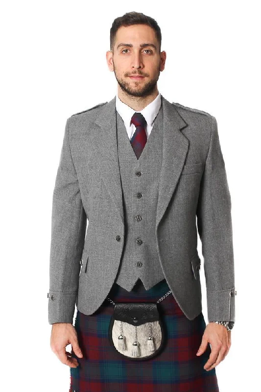 Tweed Argyle Jacket and 5 Button Vest - Light Grey Tweed A-Line Jacket Boat Neck Shawl Collar