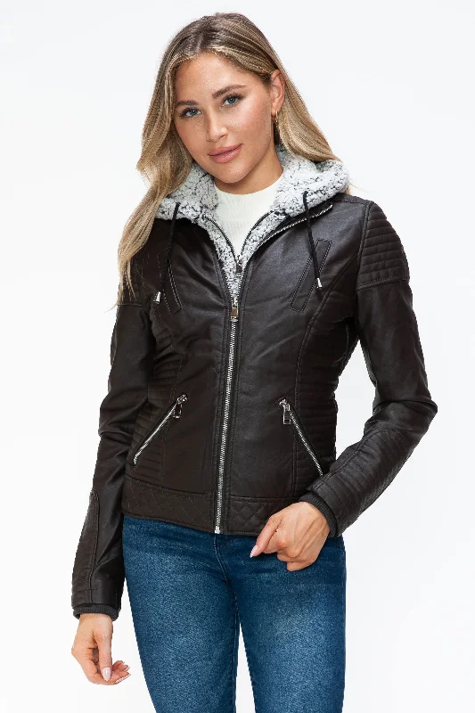 YMI Faux Layered Double-Zipper Jacket with Fuzzy Hood In Chocolate Welt Pockets Slit Pockets Flap Pockets