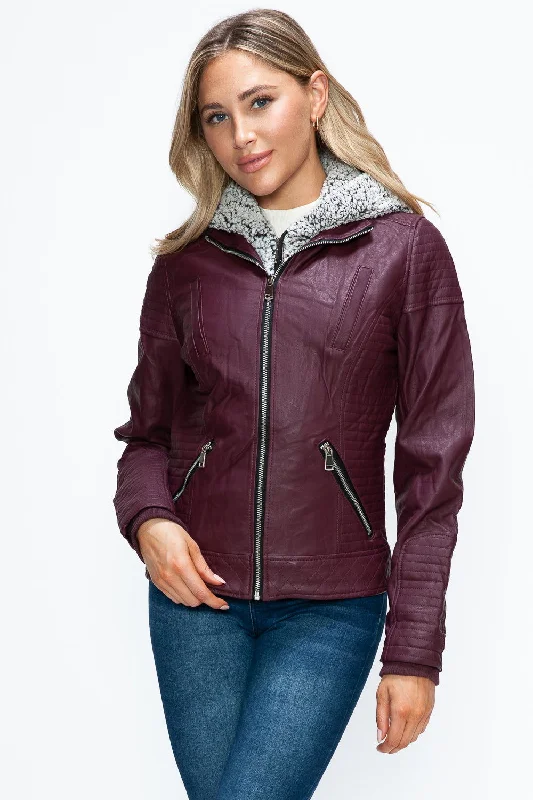 YMI Faux Layered Double-Zipper Jacket with Fuzzy Hood In Wine Cotton Jacket Linen Jacket Terry Jacket