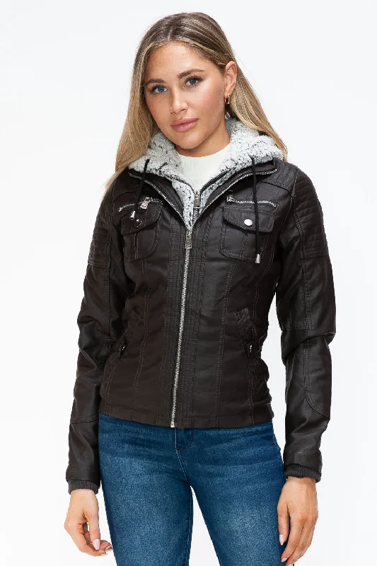 YMI Removable Faux Layered Multi-Pocket Jacket with Fuzzy Hood In Chocolate Mesh Jacket Canvas Jacket Denim Jacket