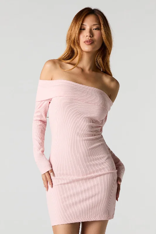 Ribbed Off Shoulder Long Sleeve Mini Dress Trendy Crossover Mini Dress