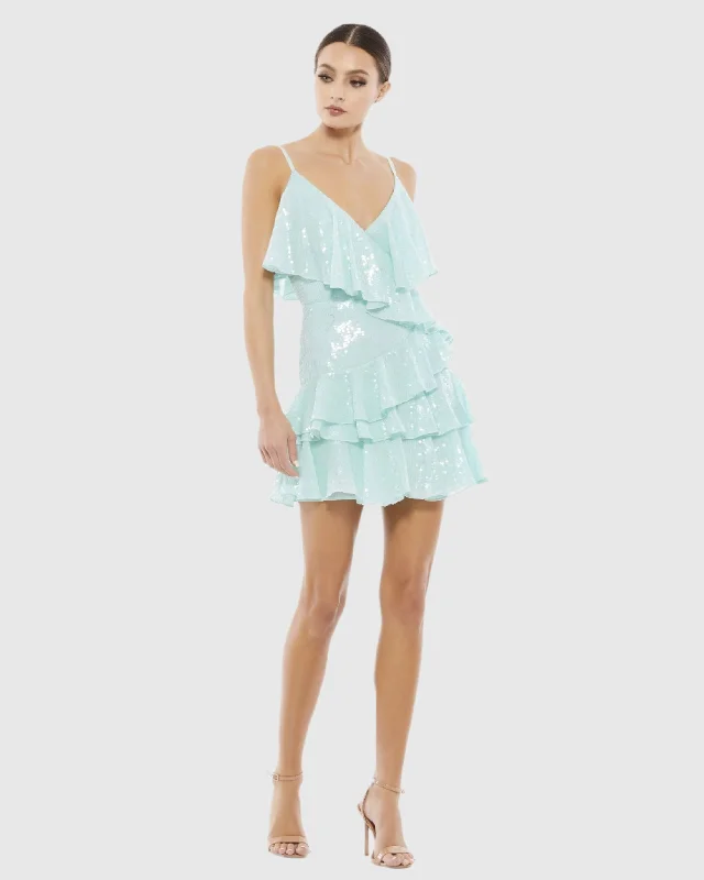 Sequined Ruffle Tiered Faux Wrap Mini Dress - FINAL SALE Cozy Satin Mini Dress