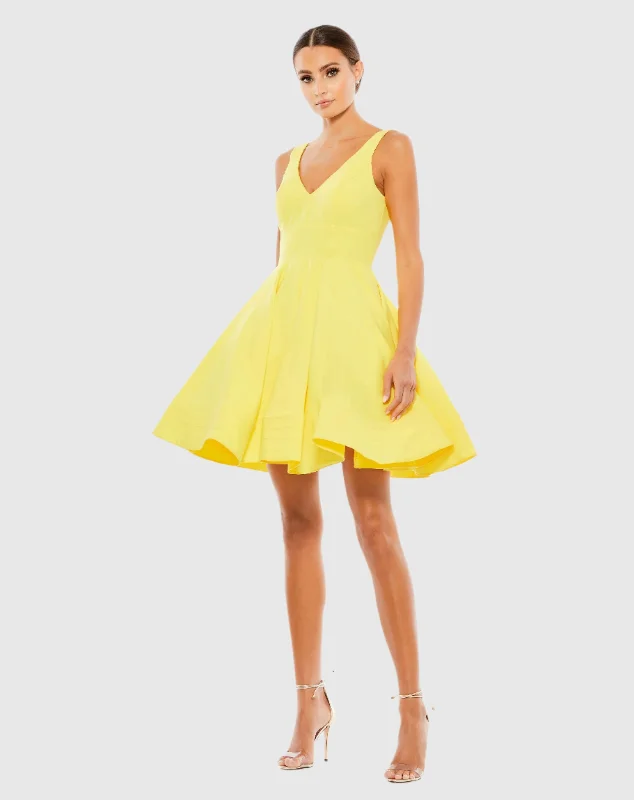 Yellow V Neck Fit & Flare Mini Dress Elegant Silk Mini Dress