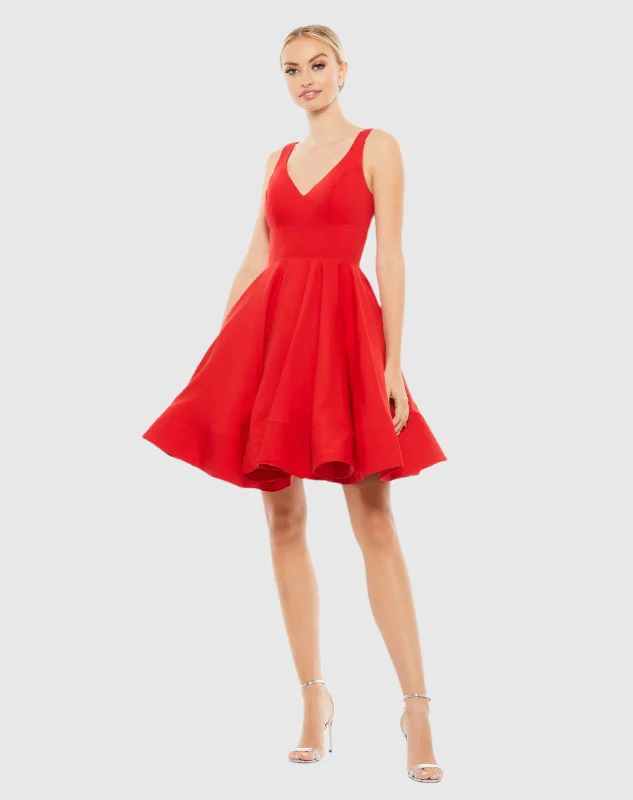 Red V Neck Fit & Flare Mini Dress Casual V-Neck Mini Dress