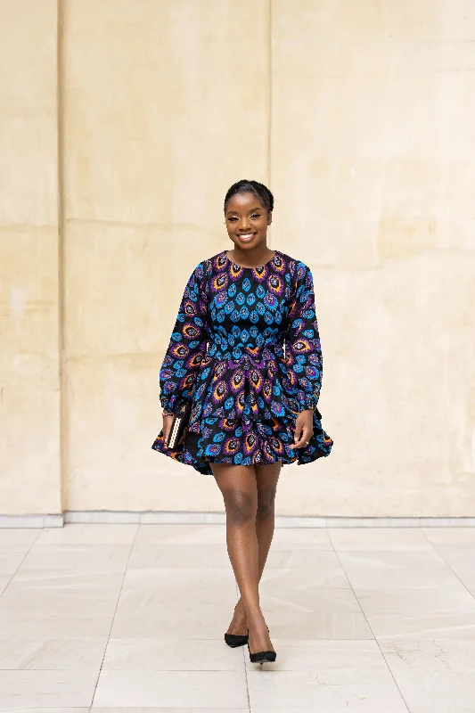 Amina Ankara Mini Dress | Blue and Purple African Print Stylish Sweetheart Neck Mini Dress