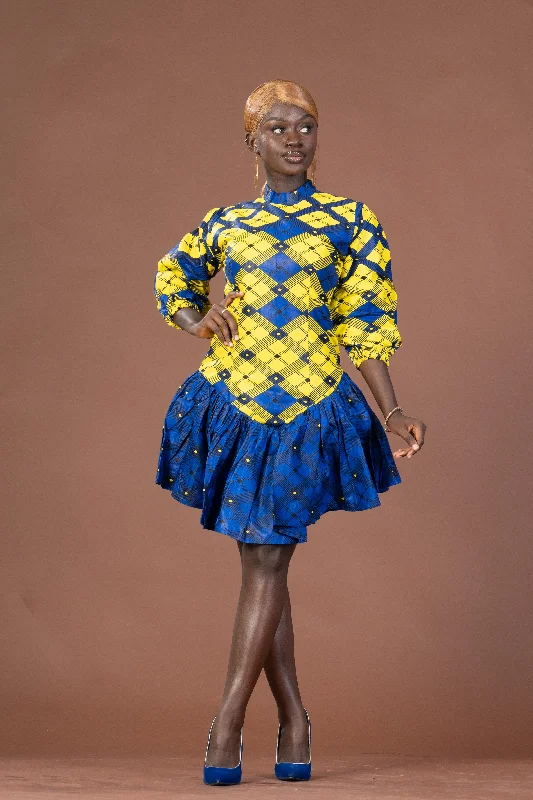 Ana Ankara Mini Dress | Yellow and Blue African Print Comfortable Wrap Mini Dress