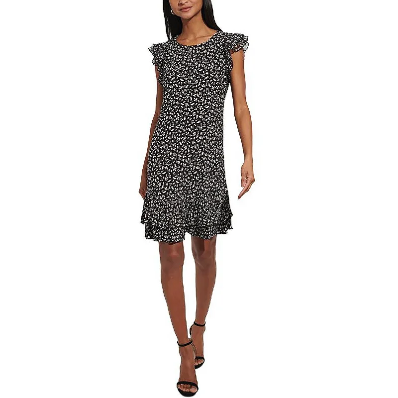 Womens Mini Leaf Print Mini Dress Trendy Button-Detail Mini Dress