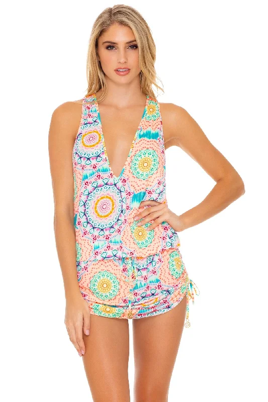 CARIBBEAN KISSES - T Back Mini Dress • Multicolor Comfortable Zip-Up Mini Dress