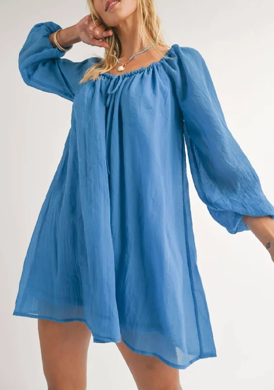 Coastal Long Sleeve Flowy Mini Dress - Blue Trendy Mesh Mini Dress