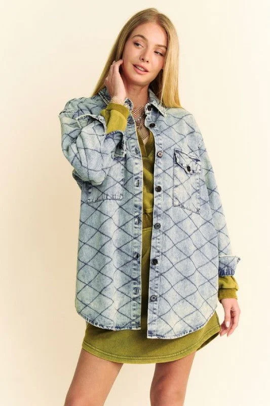 Davi & Dani Curved Hem Diamond Quilted Button Up Denim Shacket In Blue Elegant Silk Blouse