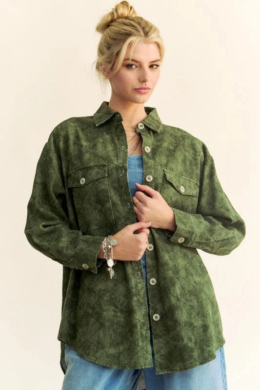 Davi & Dani Curved Hem Diamond Quilted Button Up Denim Shacket In Green Silky Draped Blouse