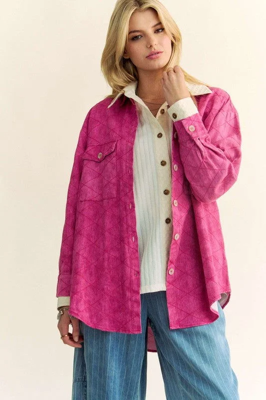 Davi & Dani Curved Hem Diamond Quilted Button Up Denim Shacket In Pink Subtle Shimmer Blouse