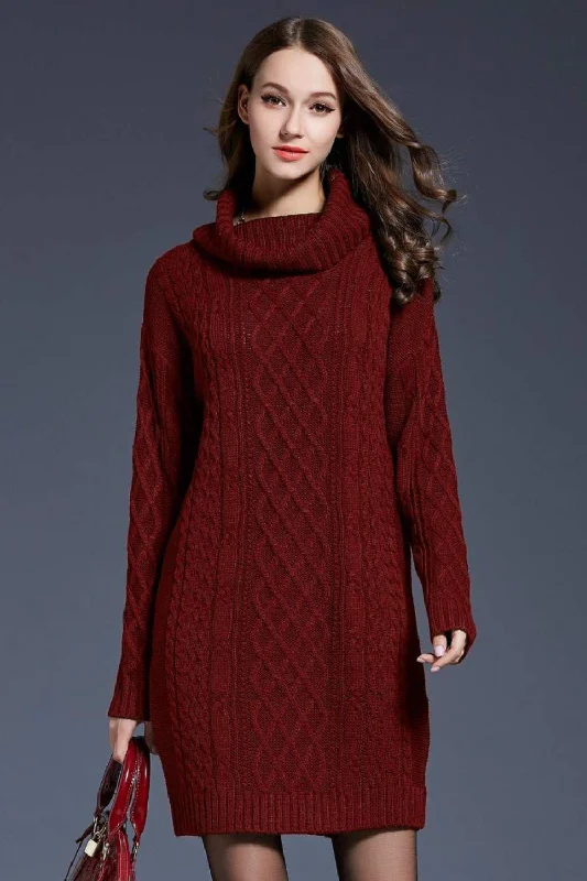 Full Size Mixed Knit Cowl Neck Dropped Shoulder Sweater Mini Dress Comfortable Off-Shoulder Mini Dress