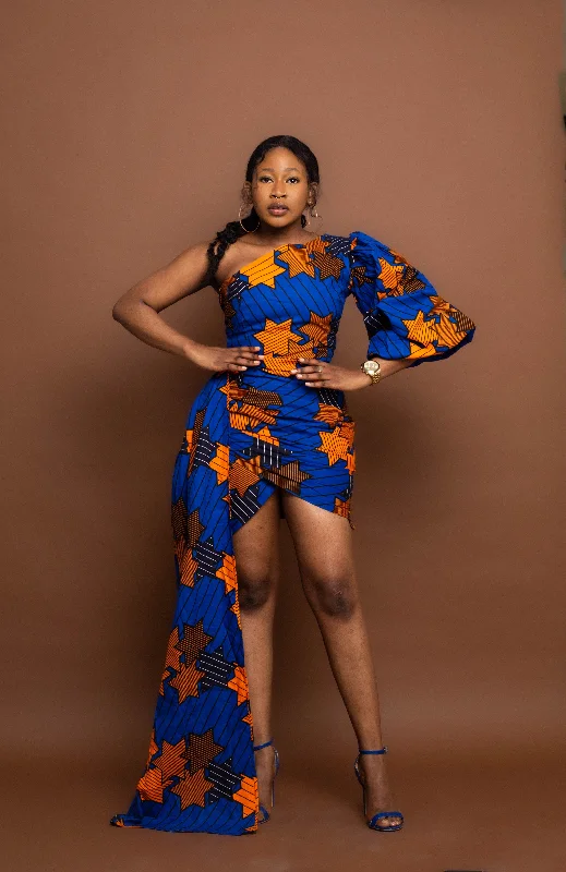 Funke Ankara Short Mini Dress | Yellow and Orange African Tribal Print Casual Mini Dress with Pockets