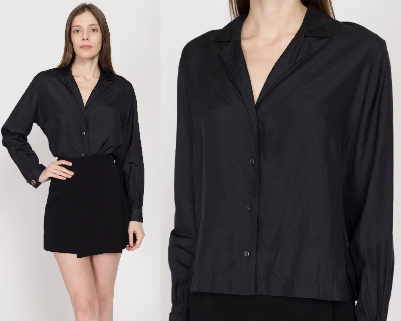 Large 60s Black Silk Cufflink Blouse Lightweight Chiffon Blouse