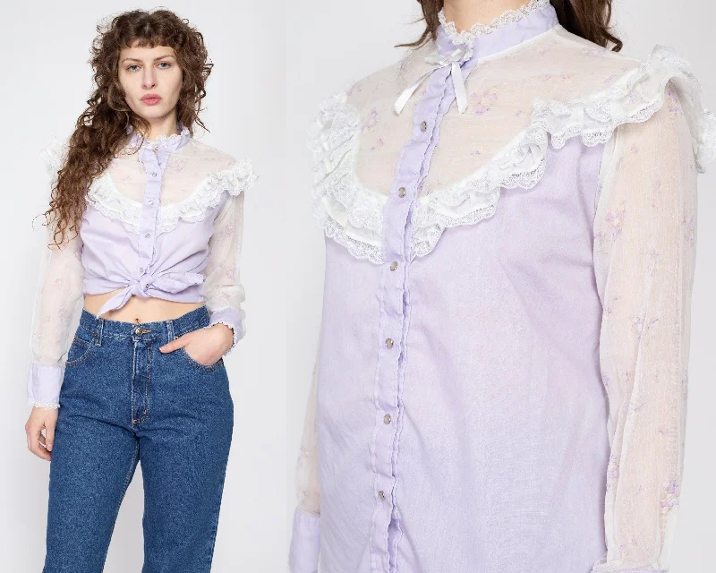 Large 70s Pastel Purple Western Lace Trim Prairie Blouse Versatile Layering Blouse